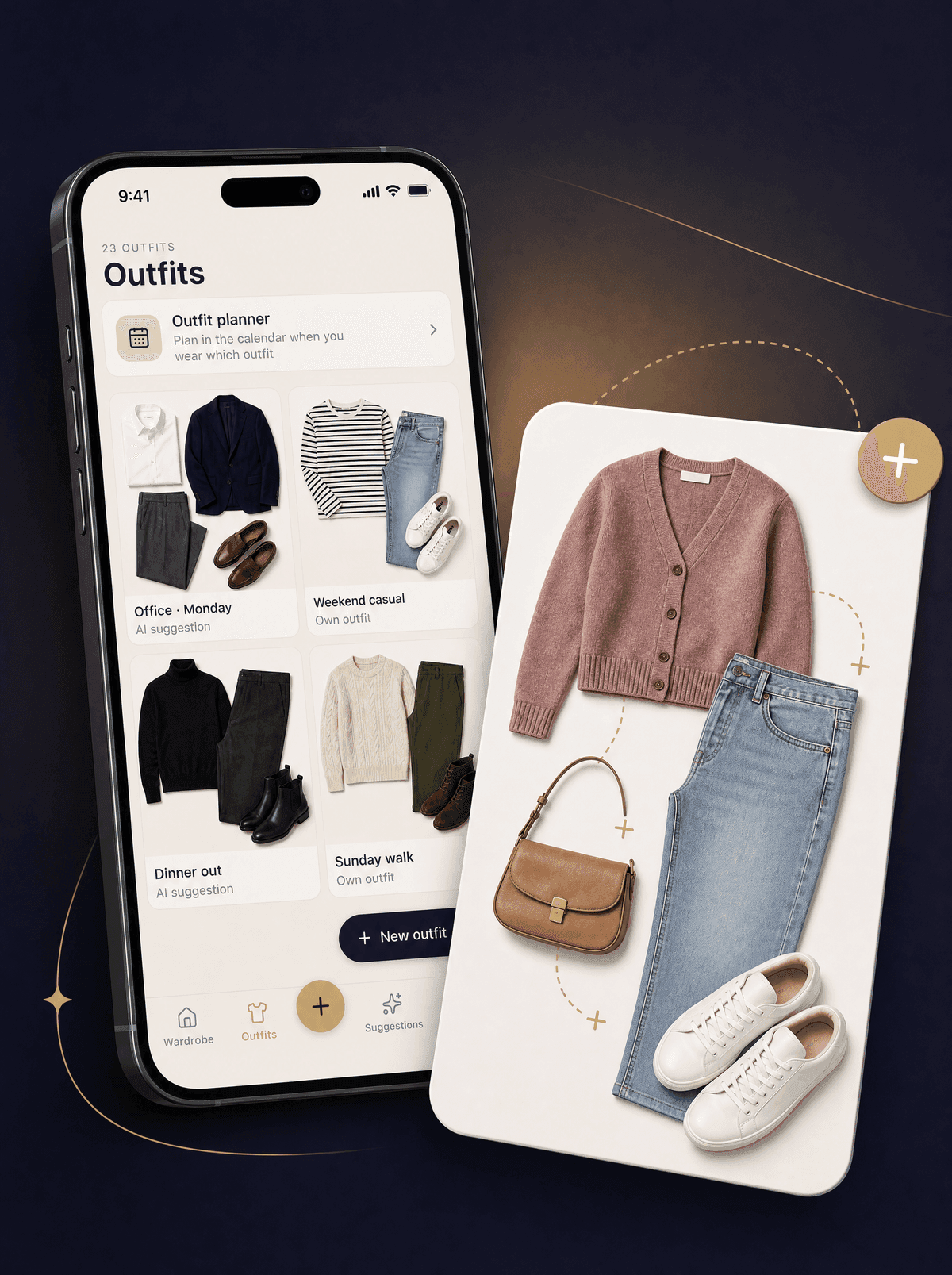 The outfits screen in Looqa next to an outfit of a cardigan, jeans, a bag and sneakers