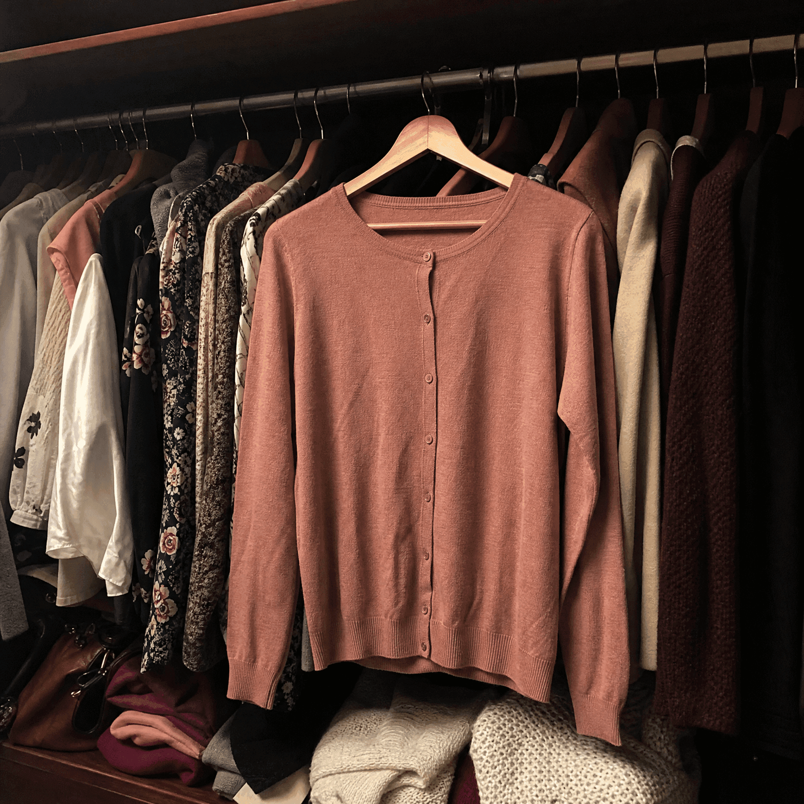 Dusty rose cardigan hanging in a cluttered wardrobe