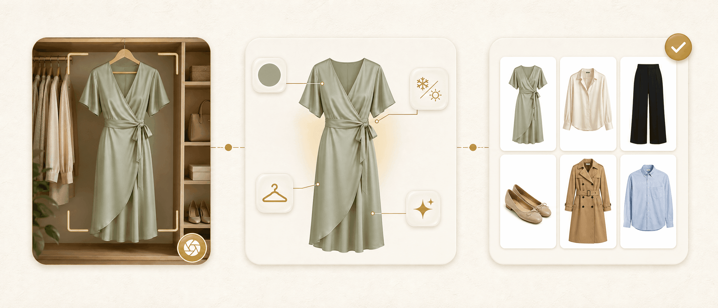 A dress is photographed, analysed by Looqa and added to a searchable digital wardrobe
