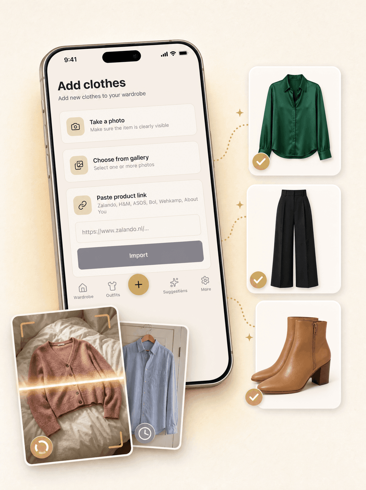 The Add clothes screen on a phone, next to casual clothing photos and the clean item photos Looqa makes from them