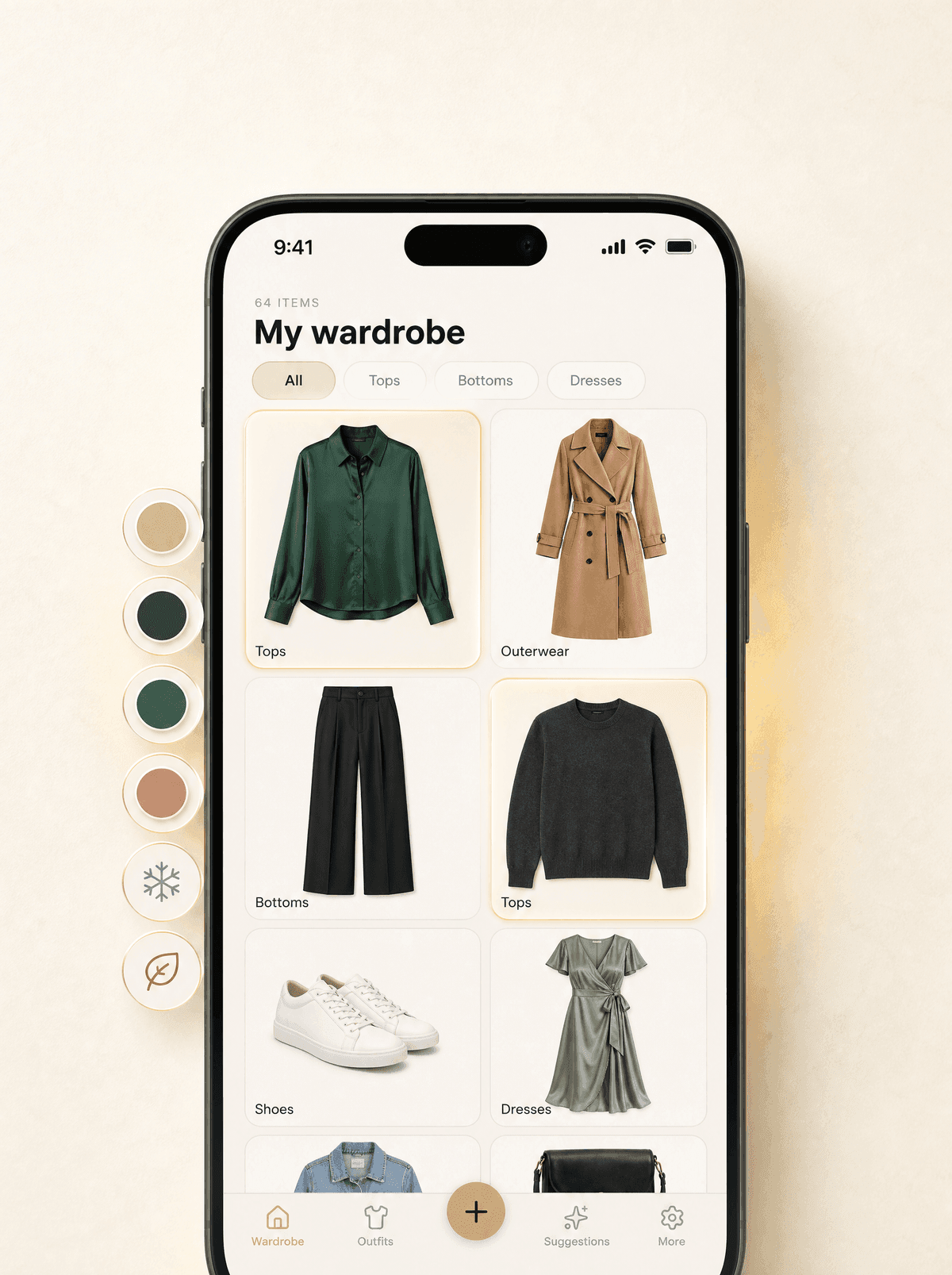 A wardrobe in the Looqa app, sorted by category, with a blouse, coat, trousers, sweater, sneakers and a dress