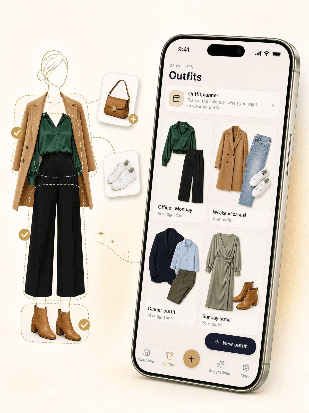 An outfit of coat, blouse, trousers and boots on a silhouette, next to the Outfits screen with saved outfits