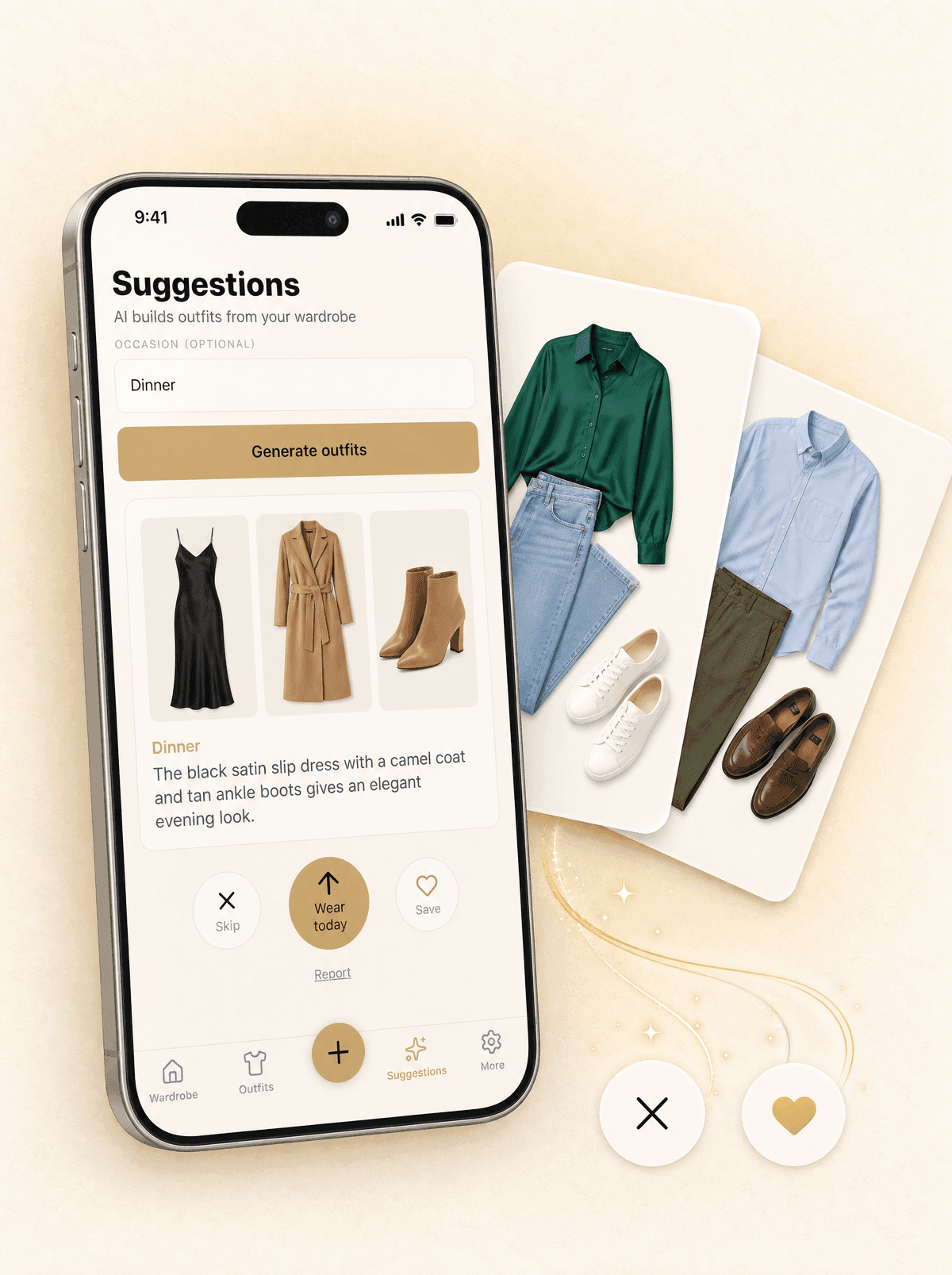 Outfit suggestions for a dinner in the Looqa app, with buttons to skip, save or wear today