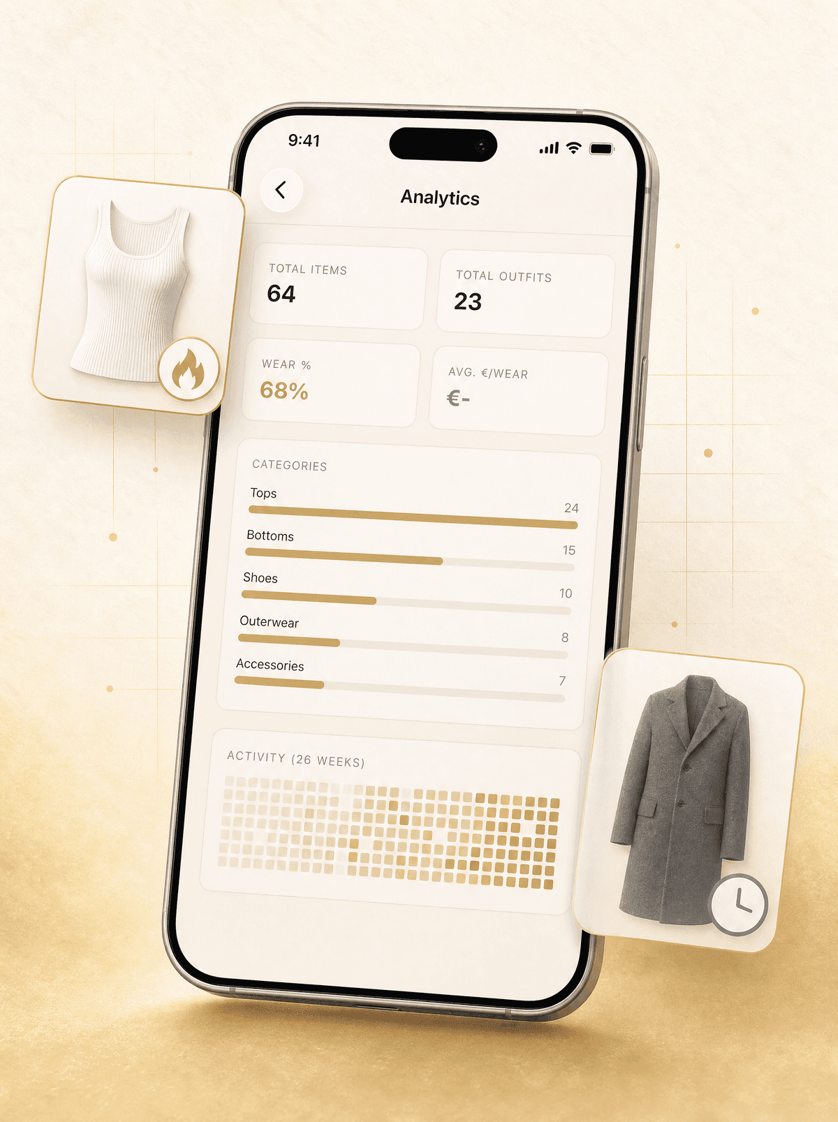 The analytics screen with the share of items worn, items per category and a wear heatmap