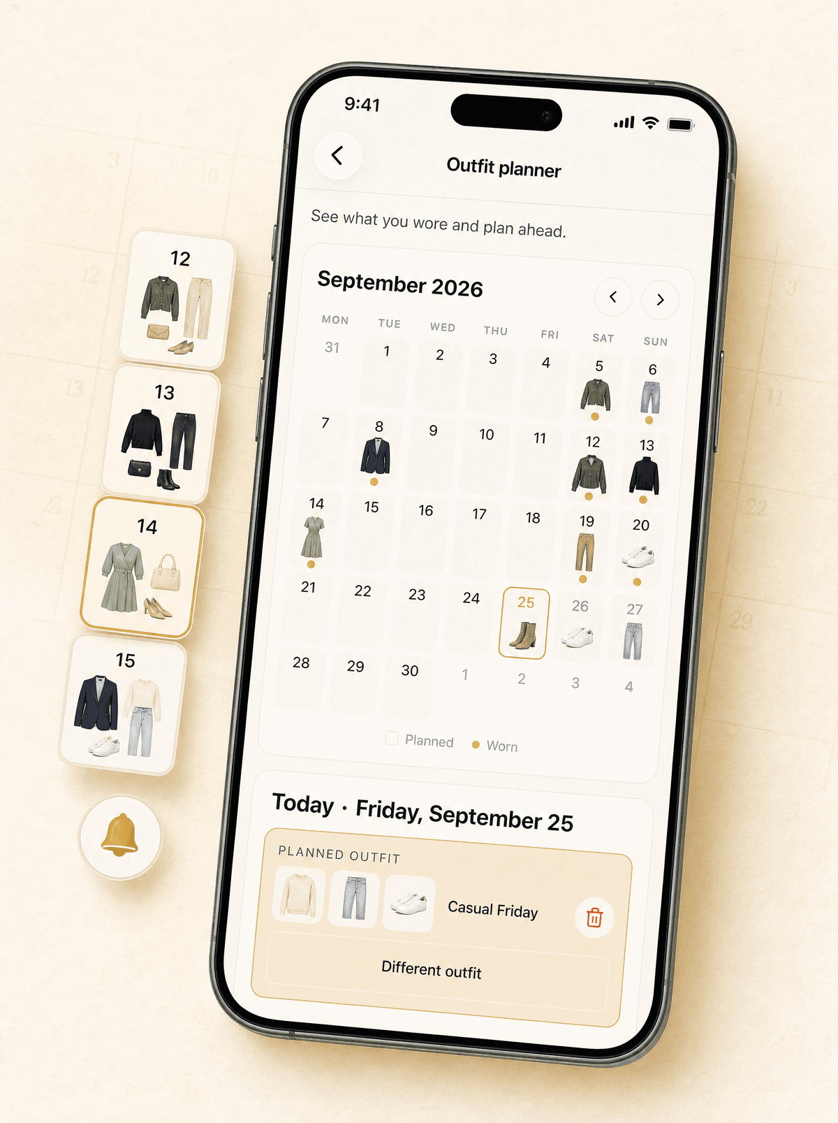 The outfit planner with a month calendar of planned and worn outfits, and the outfit planned for today